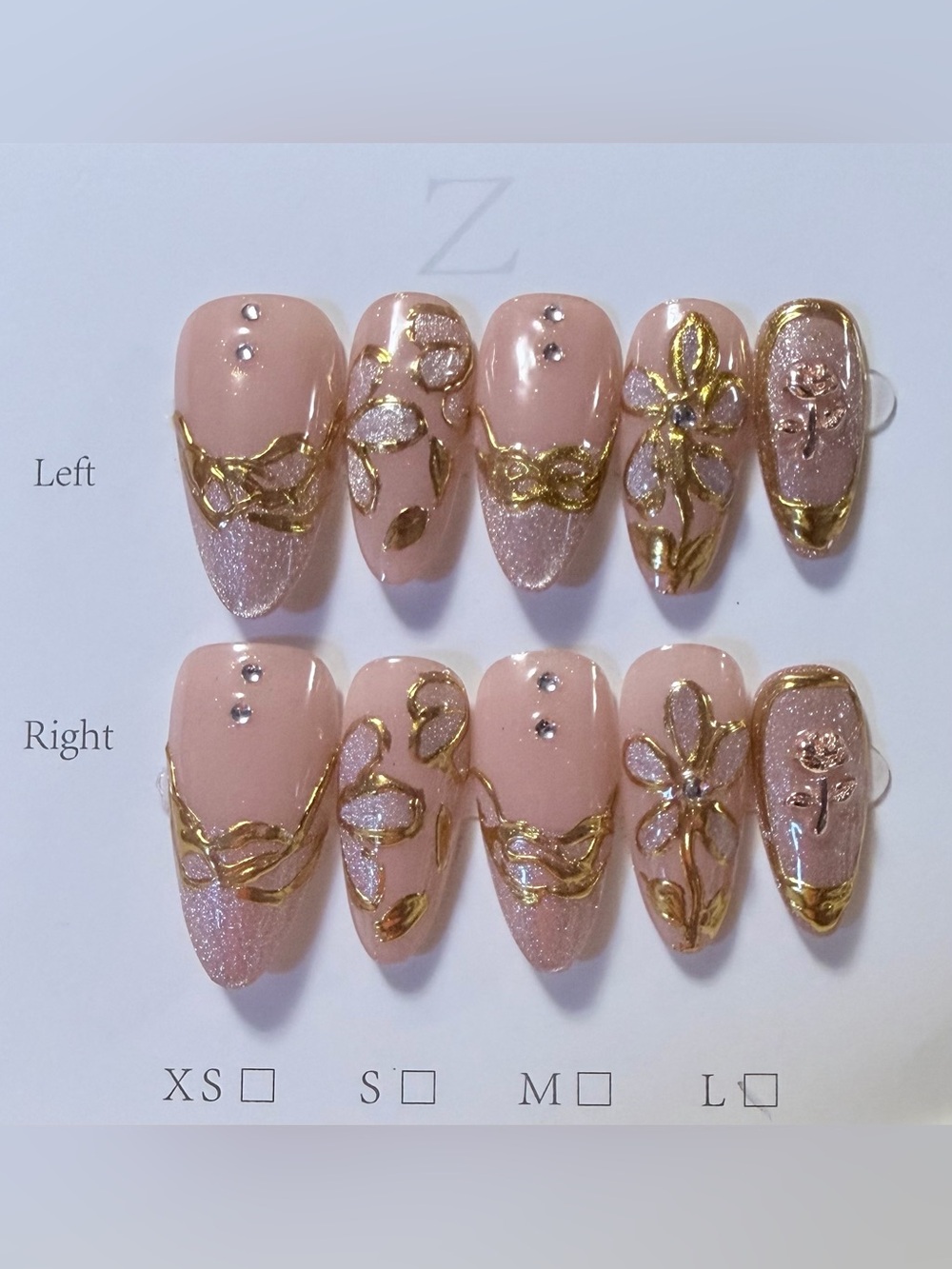 Nude Pink Gold Floral Press-On Nails - Elegant Women's Nail Set